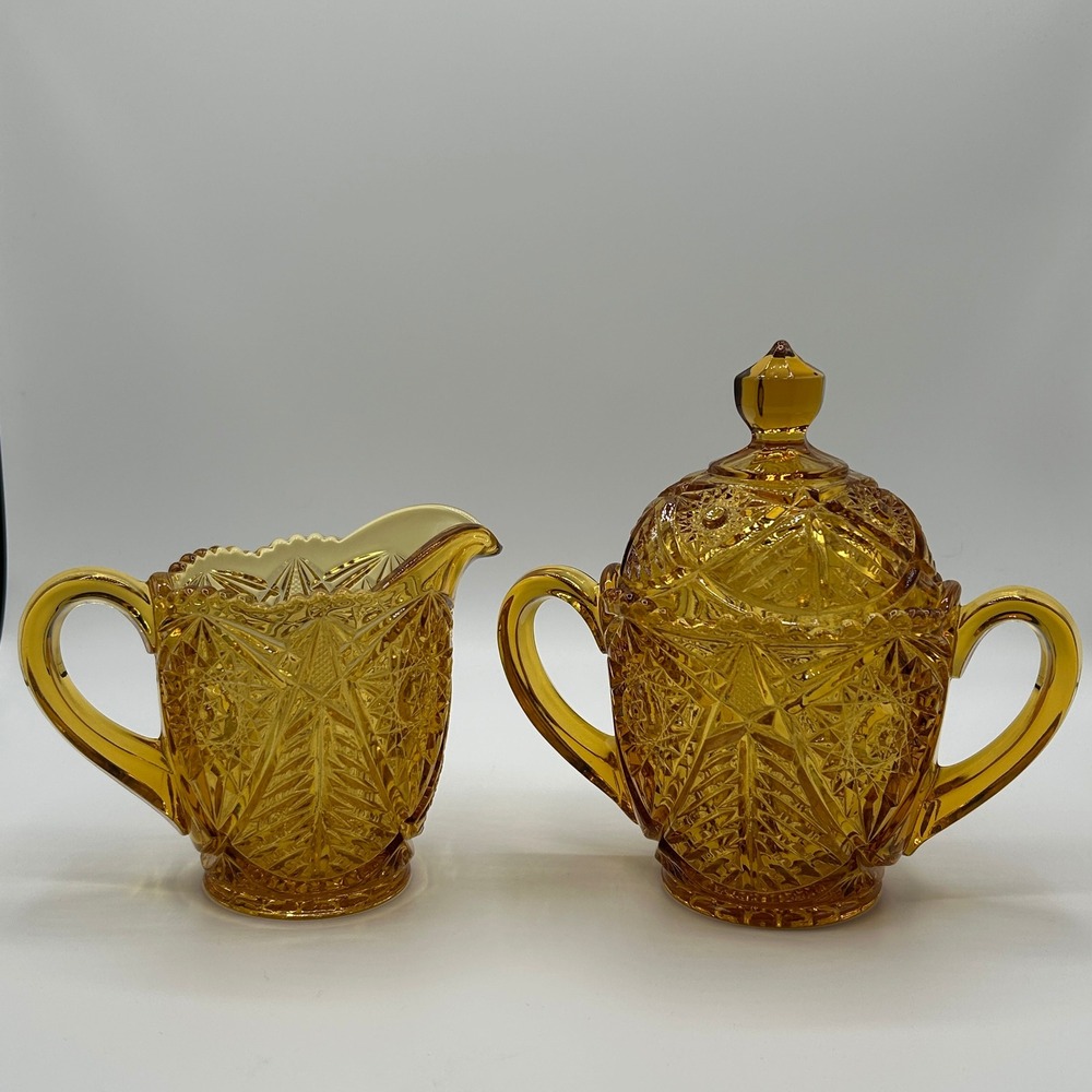 Vintage Indiana Glass Diamond Point Amber Creamer and Sugar Bowl Set Cottagecore